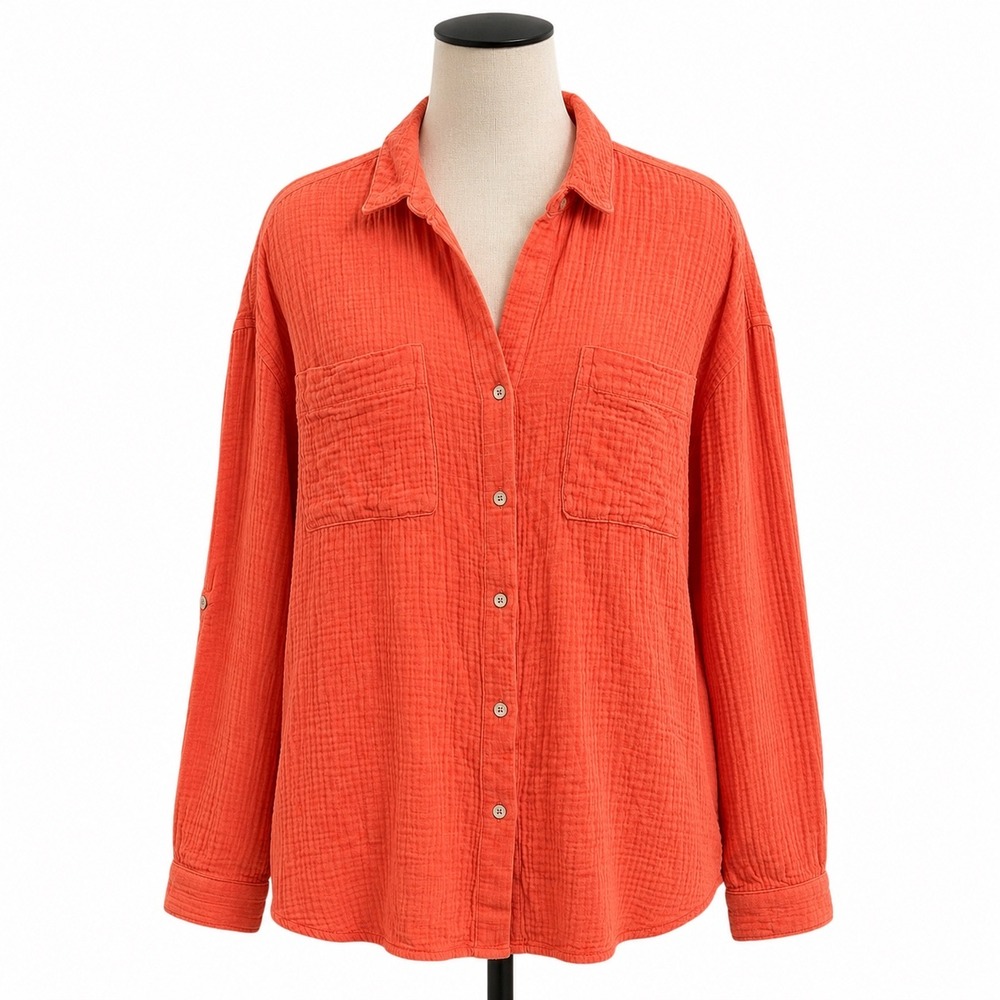 Magaschoni Double Gauze Button Down Shirt Women Small Coral Organic Cotton Boho